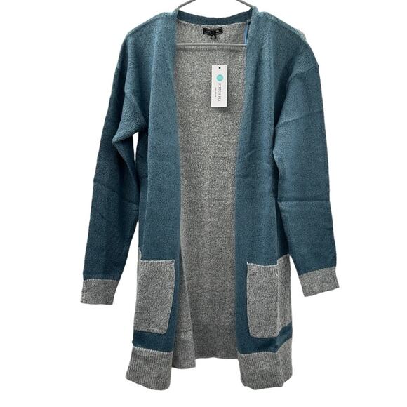Stitch Fix Lety & Me Blue & Gray Colorblock Open Front 3/4 Sleeve Cardigan Sz M - Picture 1 of 7